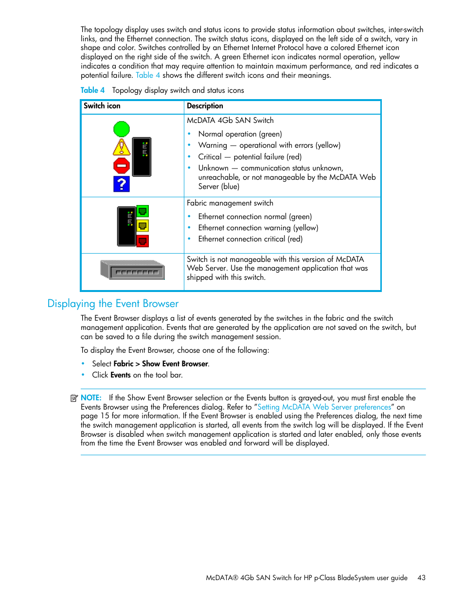 Table 4 topology display switch and status icons, Displaying the event browser, 4 topology display switch and status icons | HP McDATA 4Gb SAN Switch for HP BladeSystem p-Class User Manual | Page 43 / 226