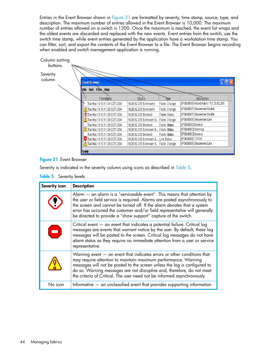 Figure 21 event browser, Table 5 severity levels, 21 event browser | 5 severity levels | HP McDATA 4Gb SAN Switch for HP BladeSystem p-Class User Manual | Page 44 / 226