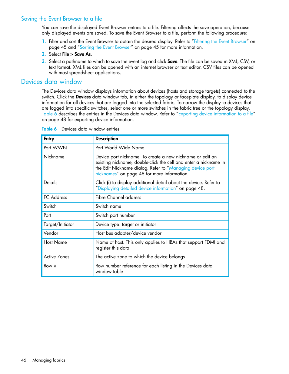 Saving the event browser to a file, Devices data window, Table 6 devices data window entries | 6 devices data window entries | HP McDATA 4Gb SAN Switch for HP BladeSystem p-Class User Manual | Page 46 / 226