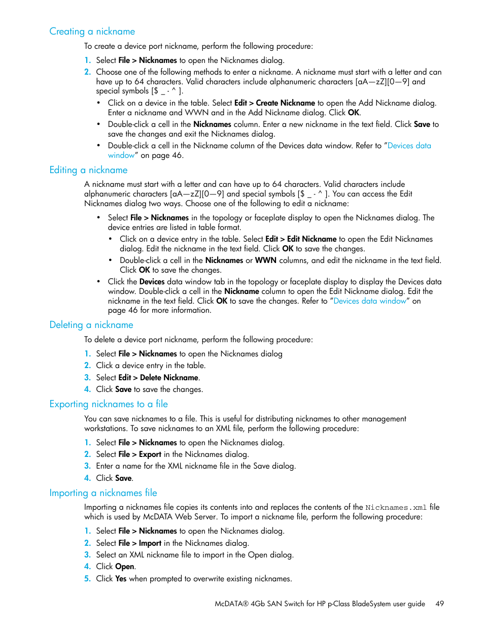 Creating a nickname, Editing a nickname, Deleting a nickname | Exporting nicknames to a file, Importing a nicknames file | HP McDATA 4Gb SAN Switch for HP BladeSystem p-Class User Manual | Page 49 / 226