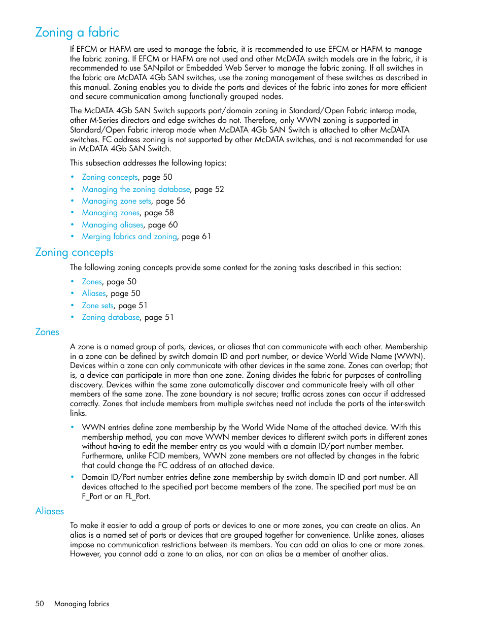 Zoning a fabric, Zoning concepts, Zones | Aliases | HP McDATA 4Gb SAN Switch for HP BladeSystem p-Class User Manual | Page 50 / 226