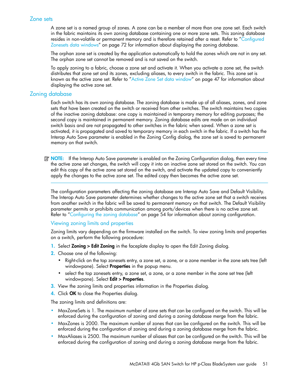 Zone sets, Zoning database, Viewing zoning limits and properties | HP McDATA 4Gb SAN Switch for HP BladeSystem p-Class User Manual | Page 51 / 226