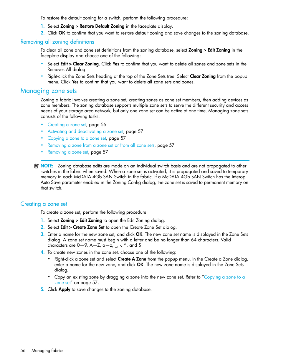 Removing all zoning definitions, Managing zone sets, Creating a zone set | HP McDATA 4Gb SAN Switch for HP BladeSystem p-Class User Manual | Page 56 / 226