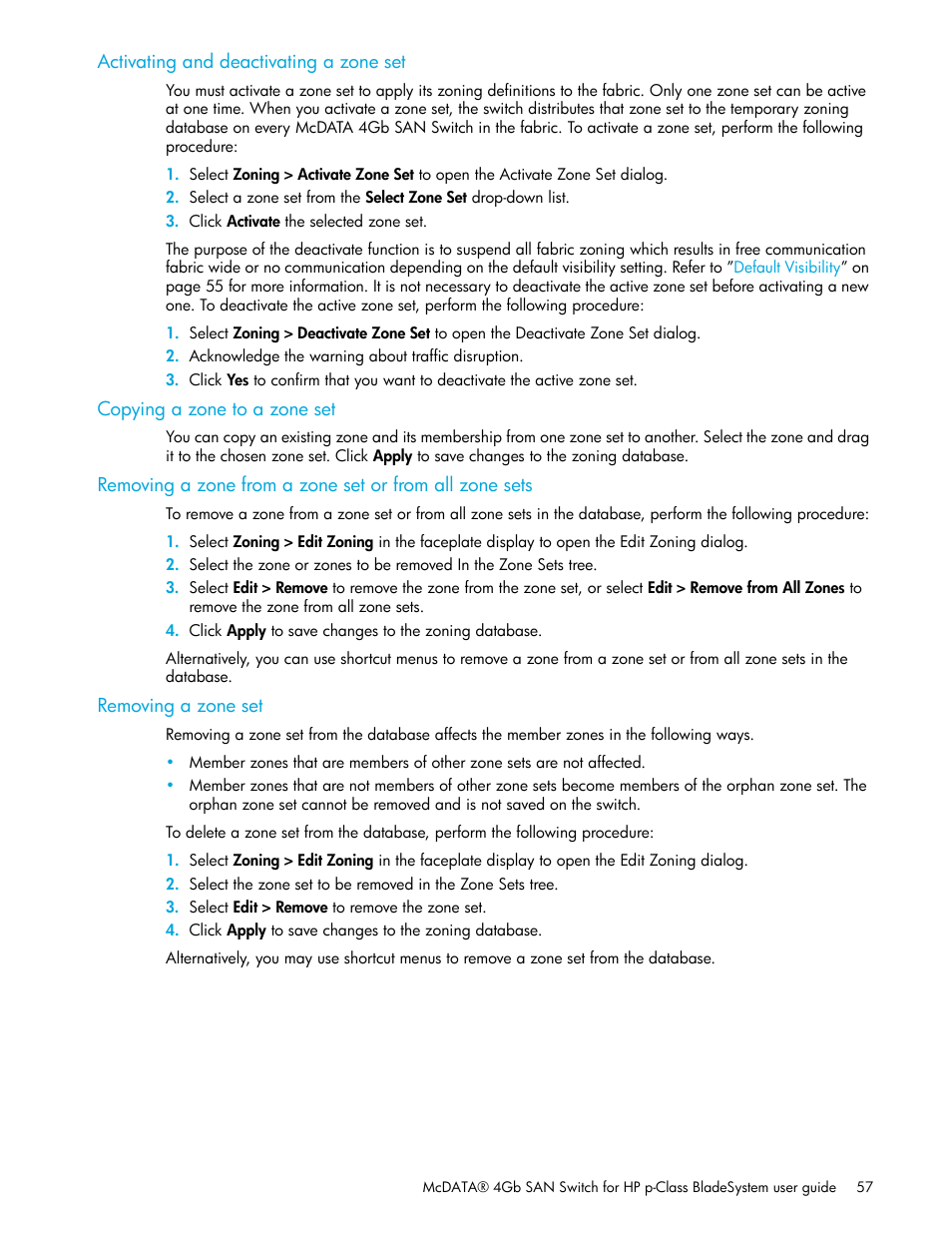 Activating and deactivating a zone set, Copying a zone to a zone set, Removing a zone set | Copying a zone to a, Zone set | HP McDATA 4Gb SAN Switch for HP BladeSystem p-Class User Manual | Page 57 / 226