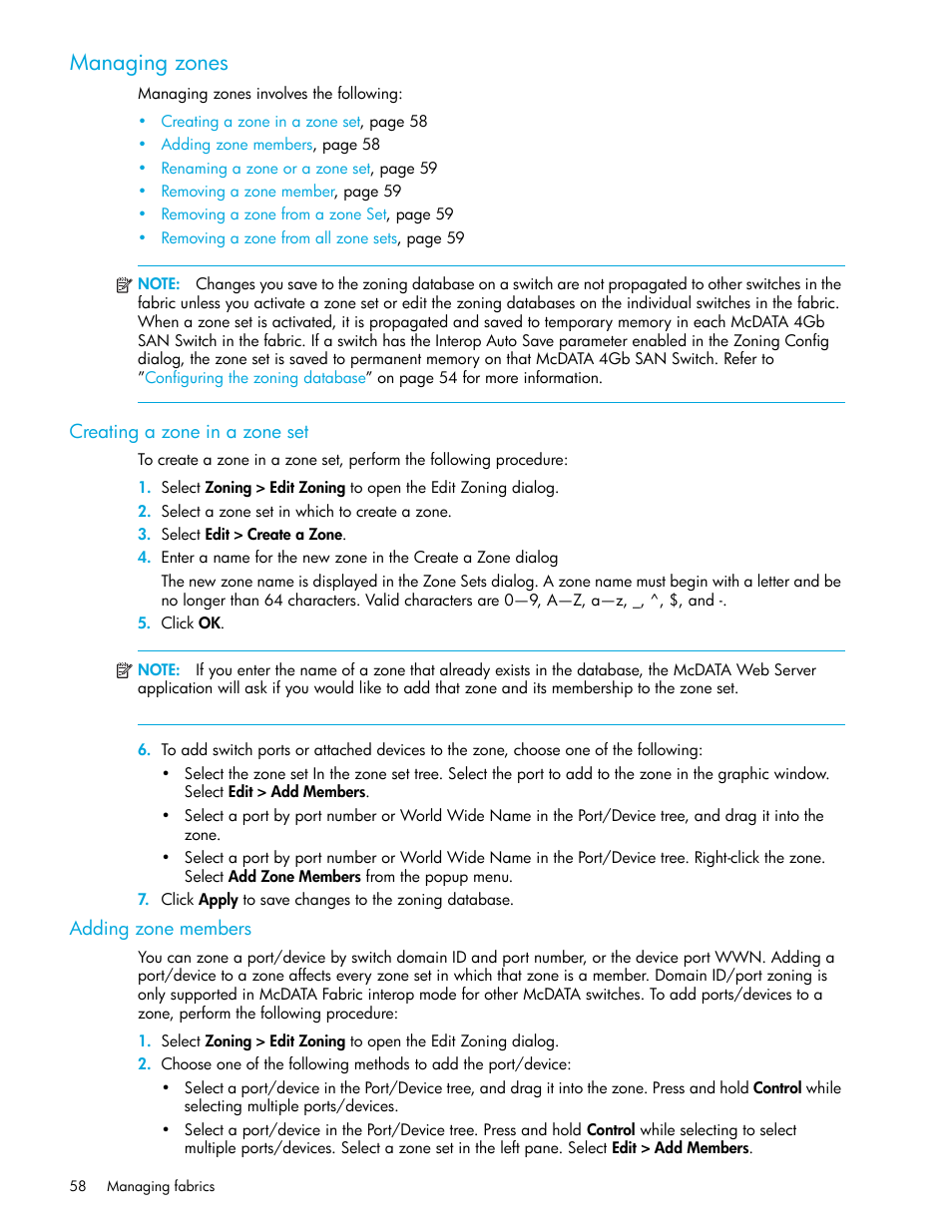 Managing zones, Creating a zone in a zone set, Adding zone members | HP McDATA 4Gb SAN Switch for HP BladeSystem p-Class User Manual | Page 58 / 226