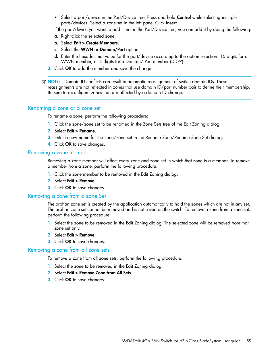 Renaming a zone or a zone set, Removing a zone member, Removing a zone from a zone set | Removing a zone from all zone sets | HP McDATA 4Gb SAN Switch for HP BladeSystem p-Class User Manual | Page 59 / 226
