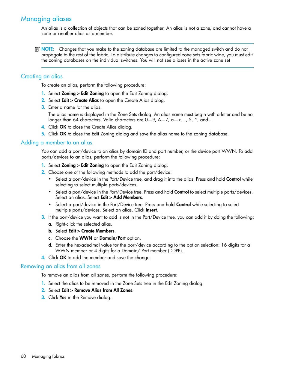 Managing aliases, Creating an alias, Adding a member to an alias | Removing an alias from all zones | HP McDATA 4Gb SAN Switch for HP BladeSystem p-Class User Manual | Page 60 / 226