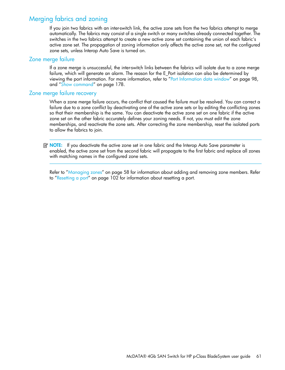 Merging fabrics and zoning, Zone merge failure, Zone merge failure recovery | HP McDATA 4Gb SAN Switch for HP BladeSystem p-Class User Manual | Page 61 / 226