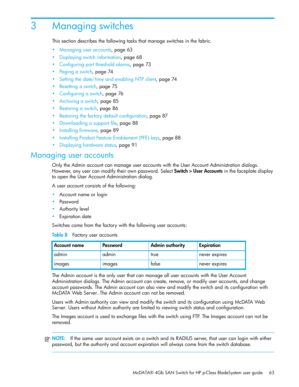 Managing switches, Managing user accounts, Table 8 factory user accounts | 3 managing switches, 8 factory user accounts, 3managing switches | HP McDATA 4Gb SAN Switch for HP BladeSystem p-Class User Manual | Page 63 / 226