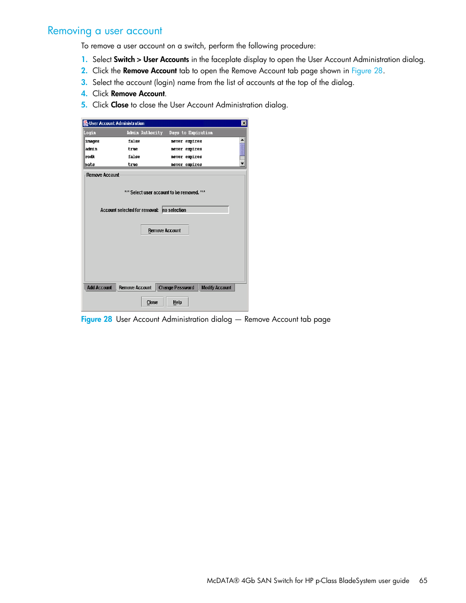 Removing a user account | HP McDATA 4Gb SAN Switch for HP BladeSystem p-Class User Manual | Page 65 / 226