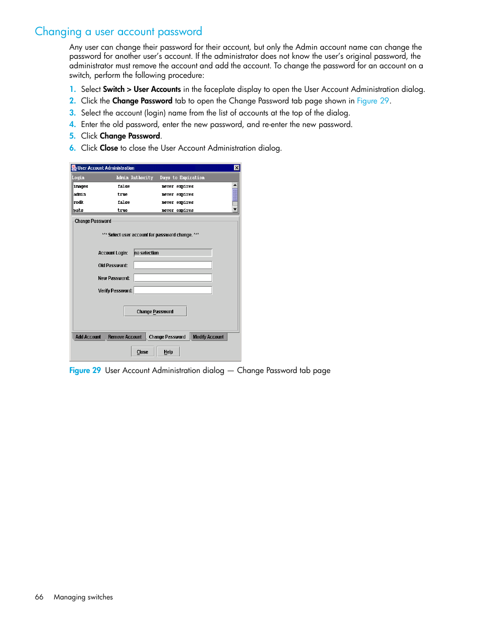 Changing a user account password | HP McDATA 4Gb SAN Switch for HP BladeSystem p-Class User Manual | Page 66 / 226