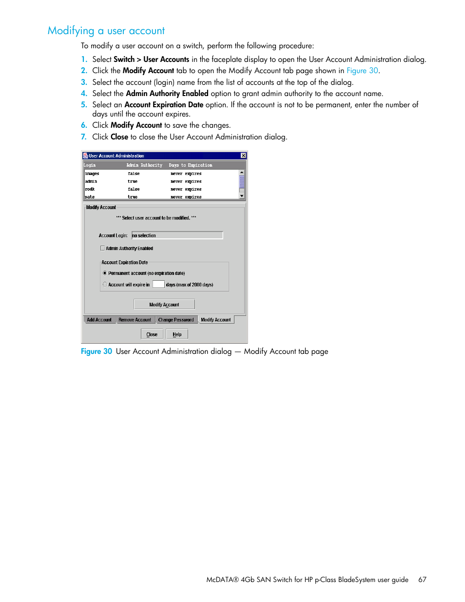 Modifying a user account | HP McDATA 4Gb SAN Switch for HP BladeSystem p-Class User Manual | Page 67 / 226