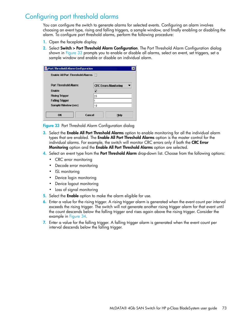 Configuring port threshold alarms, 33 port threshold alarm configuration dialog | HP McDATA 4Gb SAN Switch for HP BladeSystem p-Class User Manual | Page 73 / 226