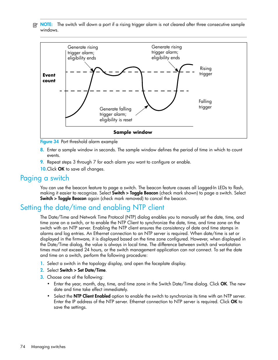 Figure 34 port threshold alarm example, Paging a switch, Setting the date/time and enabling ntp client | 34 port threshold alarm example, Ample in, Figure 34 | HP McDATA 4Gb SAN Switch for HP BladeSystem p-Class User Manual | Page 74 / 226