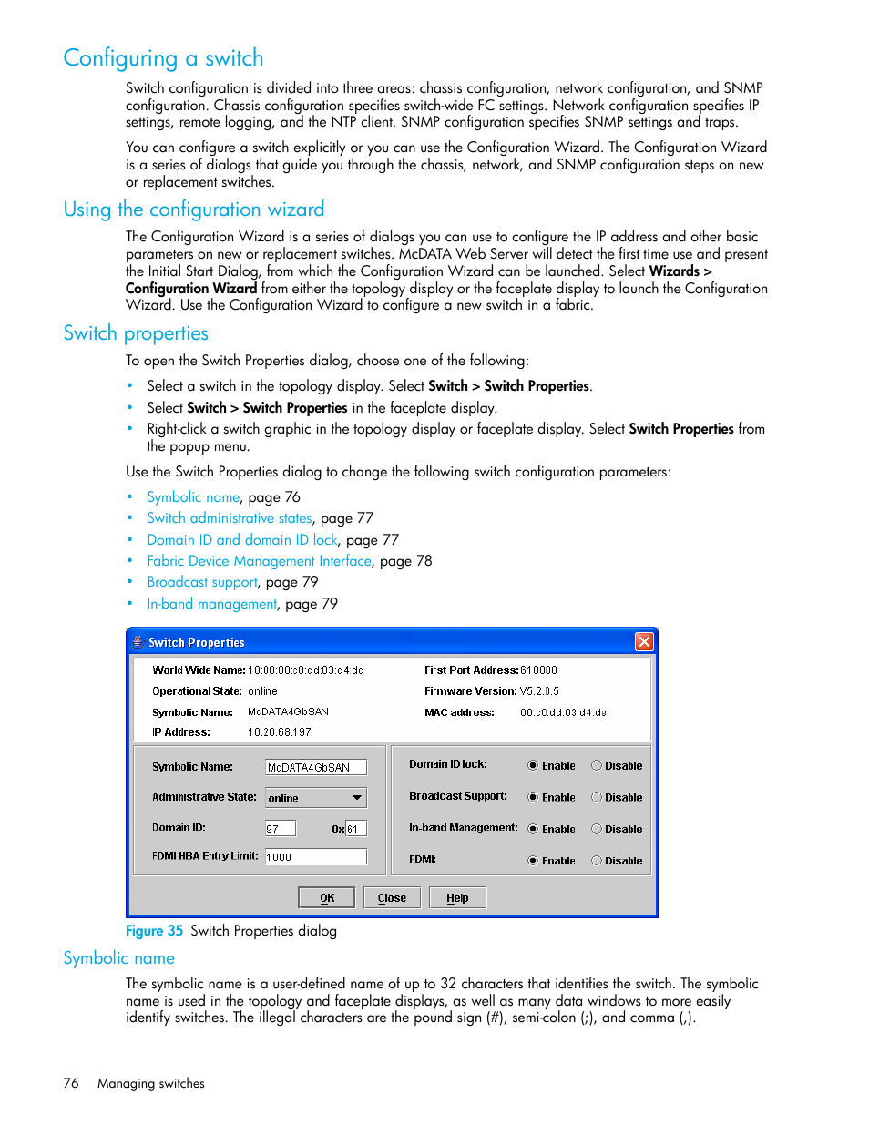 Configuring a switch, Using the configuration wizard, Switch properties | Figure 35 switch properties dialog, Symbolic name, 35 switch properties dialog | HP McDATA 4Gb SAN Switch for HP BladeSystem p-Class User Manual | Page 76 / 226