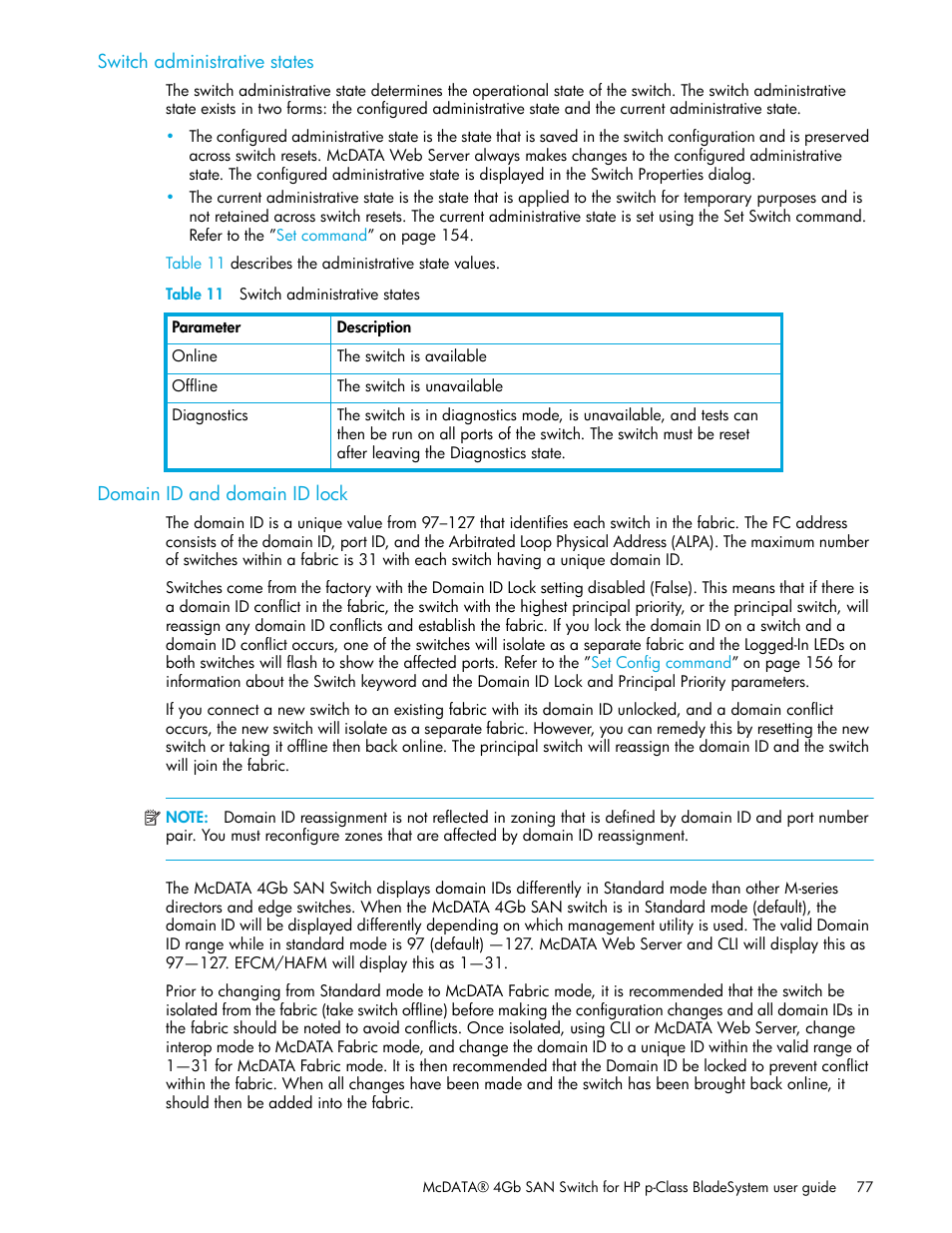 Switch administrative states, Table 11 switch administrative states, Domain id and domain id lock | 11 switch administrative states | HP McDATA 4Gb SAN Switch for HP BladeSystem p-Class User Manual | Page 77 / 226