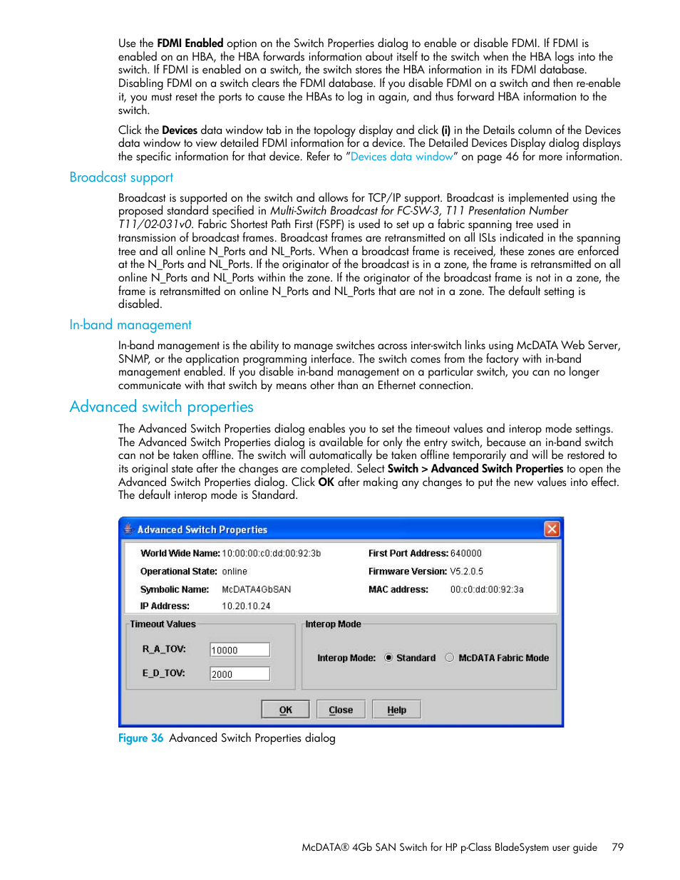 Broadcast support, In-band management, Advanced switch properties | Figure 36 advanced switch properties dialog, 36 advanced switch properties dialog | HP McDATA 4Gb SAN Switch for HP BladeSystem p-Class User Manual | Page 79 / 226