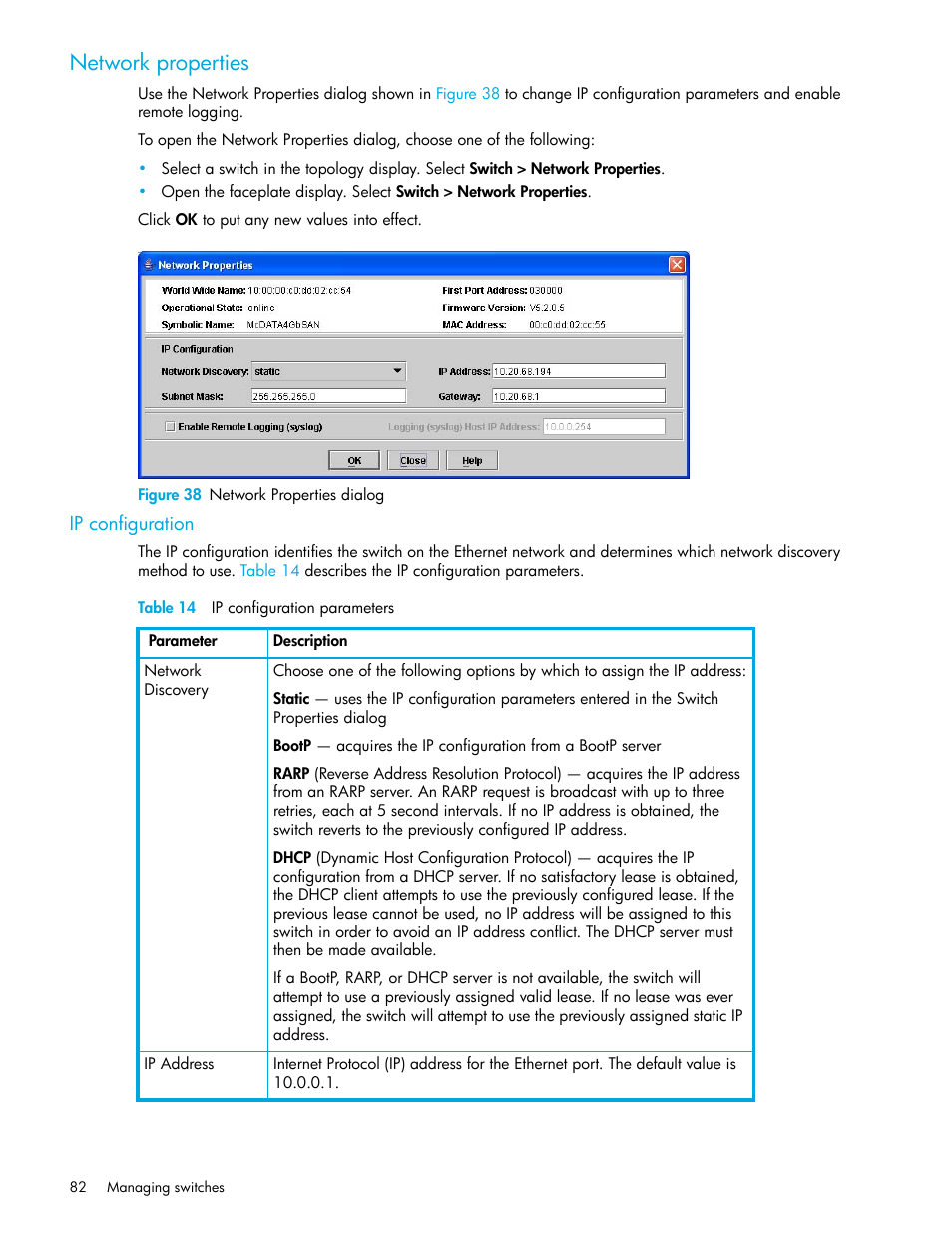 Network properties, Figure 38 network properties dialog, Ip configuration | Table 14 ip configuration parameters, 38 network properties dialog, 14 ip configuration parameters | HP McDATA 4Gb SAN Switch for HP BladeSystem p-Class User Manual | Page 82 / 226