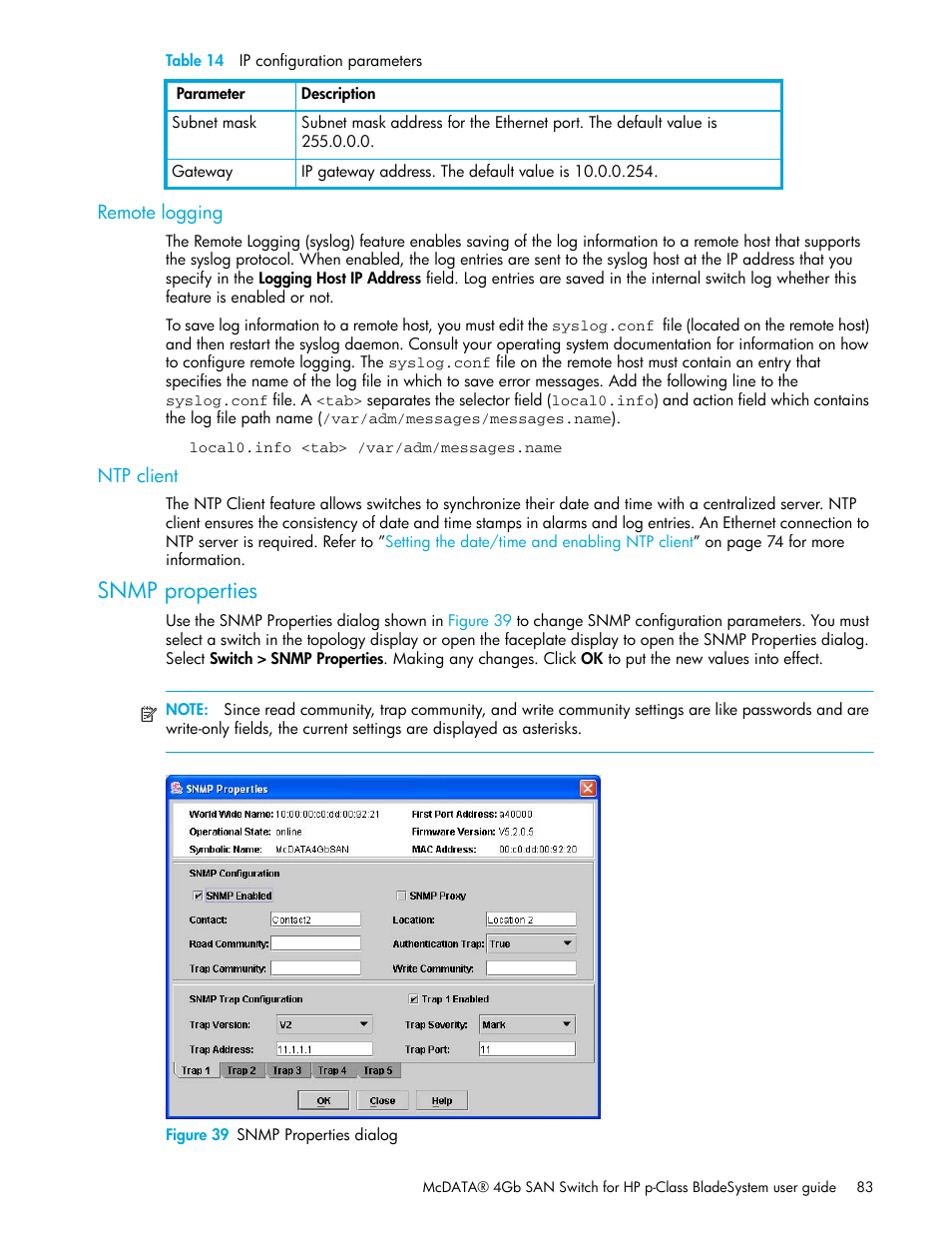 Remote logging, Ntp client, Snmp properties | Figure 39 snmp properties dialog, 39 snmp properties dialog | HP McDATA 4Gb SAN Switch for HP BladeSystem p-Class User Manual | Page 83 / 226
