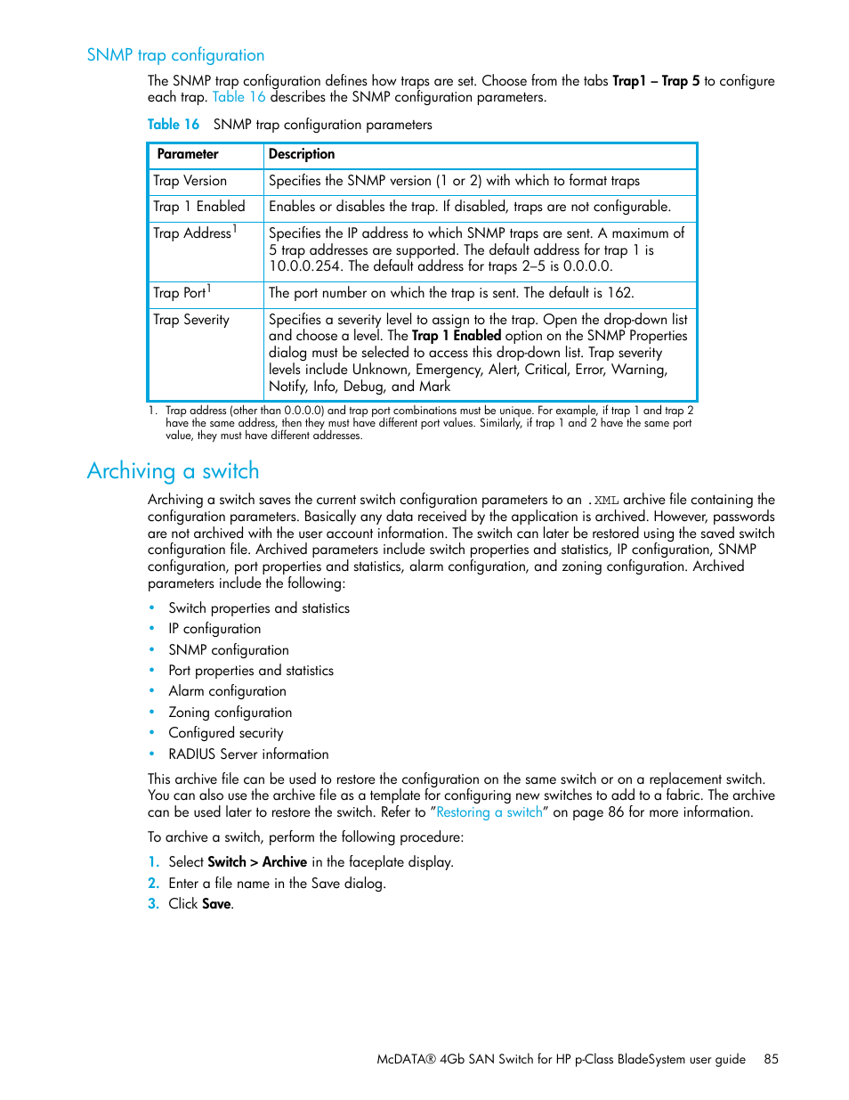 Snmp trap configuration, Table 16 snmp trap configuration parameters, Archiving a switch | 16 snmp trap configuration parameters, Archiving, A switch | HP McDATA 4Gb SAN Switch for HP BladeSystem p-Class User Manual | Page 85 / 226