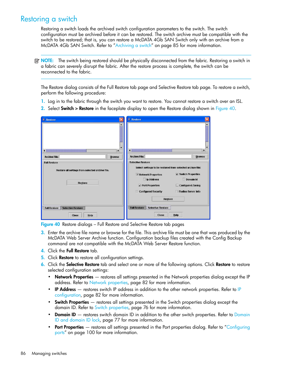 Restoring a switch | HP McDATA 4Gb SAN Switch for HP BladeSystem p-Class User Manual | Page 86 / 226