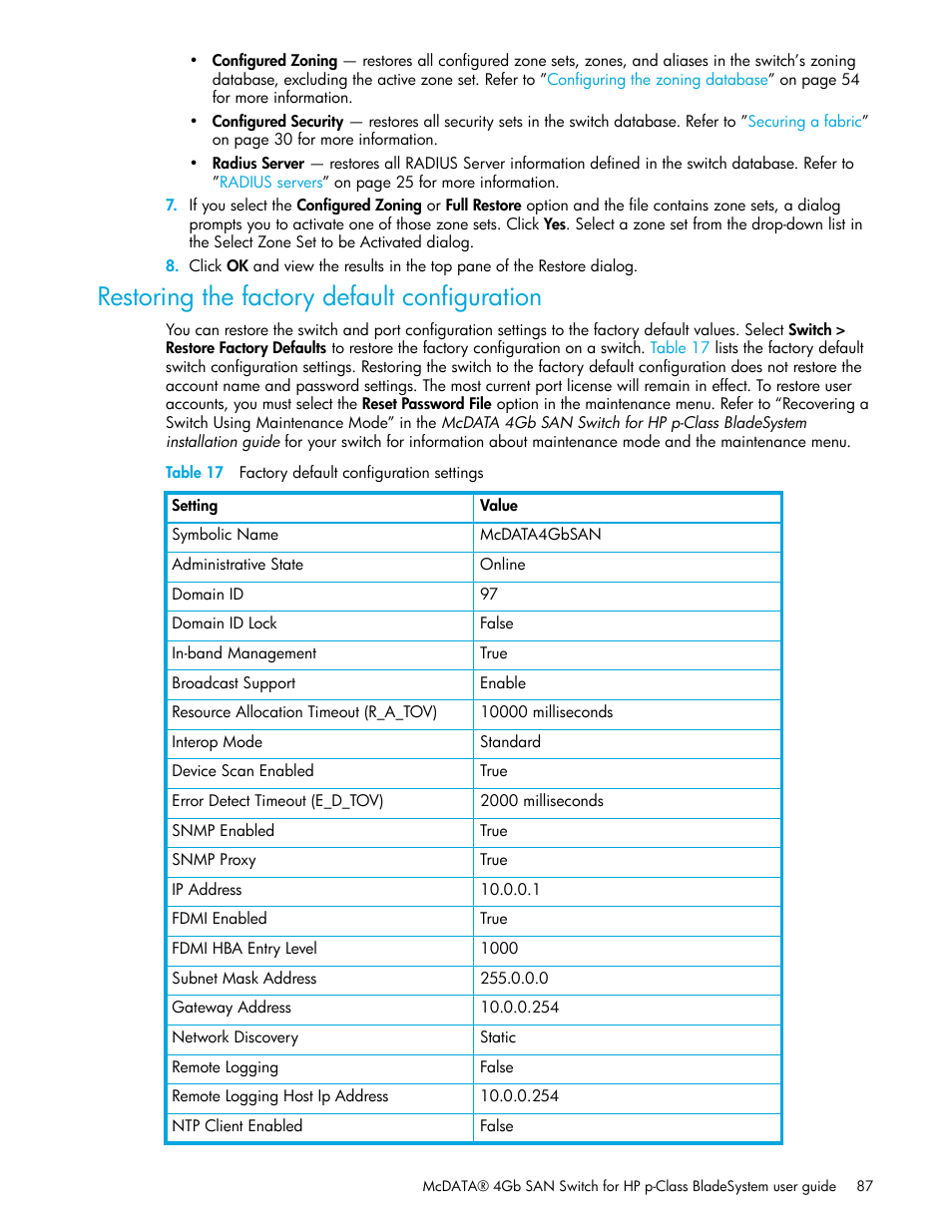 Restoring the factory default configuration, Table 17 factory default configuration settings, 17 factory default configuration settings | HP McDATA 4Gb SAN Switch for HP BladeSystem p-Class User Manual | Page 87 / 226
