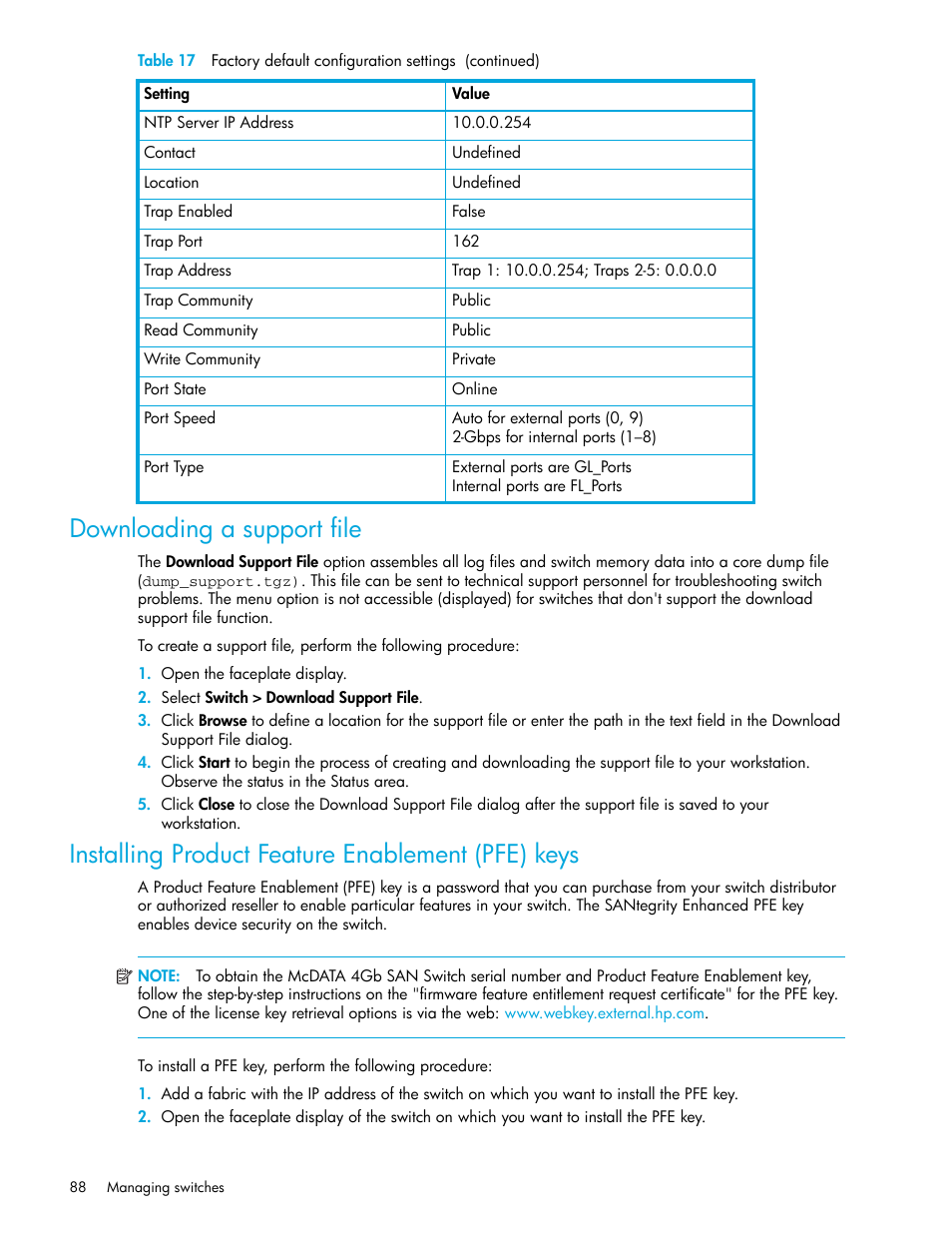 Downloading a support file, Installing product feature enablement (pfe) keys, R to | HP McDATA 4Gb SAN Switch for HP BladeSystem p-Class User Manual | Page 88 / 226