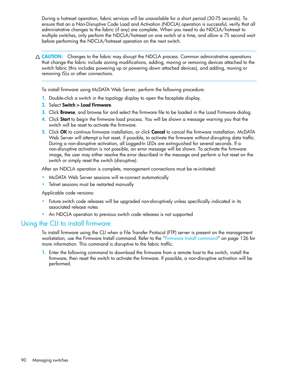 Using the cli to install firmware | HP McDATA 4Gb SAN Switch for HP BladeSystem p-Class User Manual | Page 90 / 226