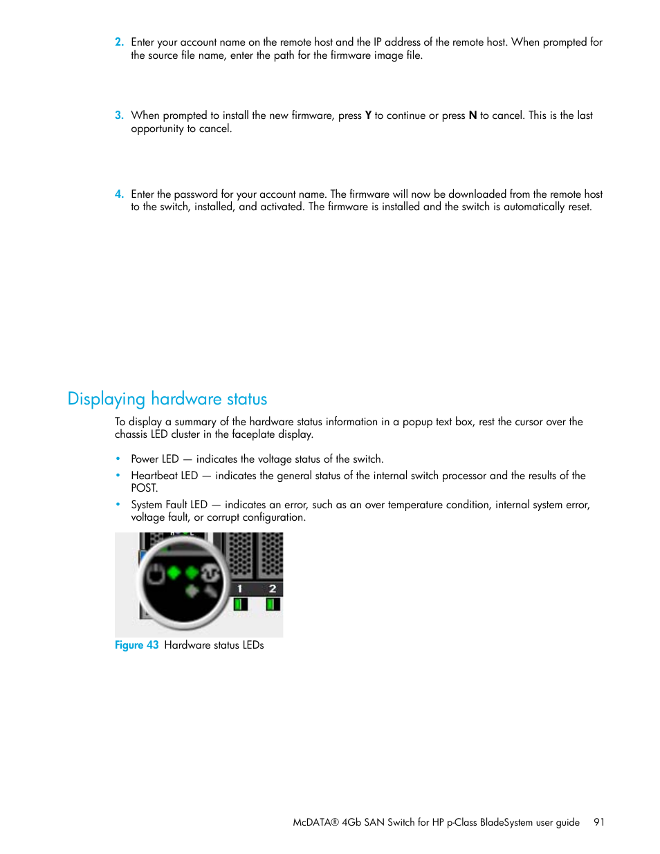 Displaying hardware status, Figure 43 hardware status leds, 43 hardware status leds | HP McDATA 4Gb SAN Switch for HP BladeSystem p-Class User Manual | Page 91 / 226