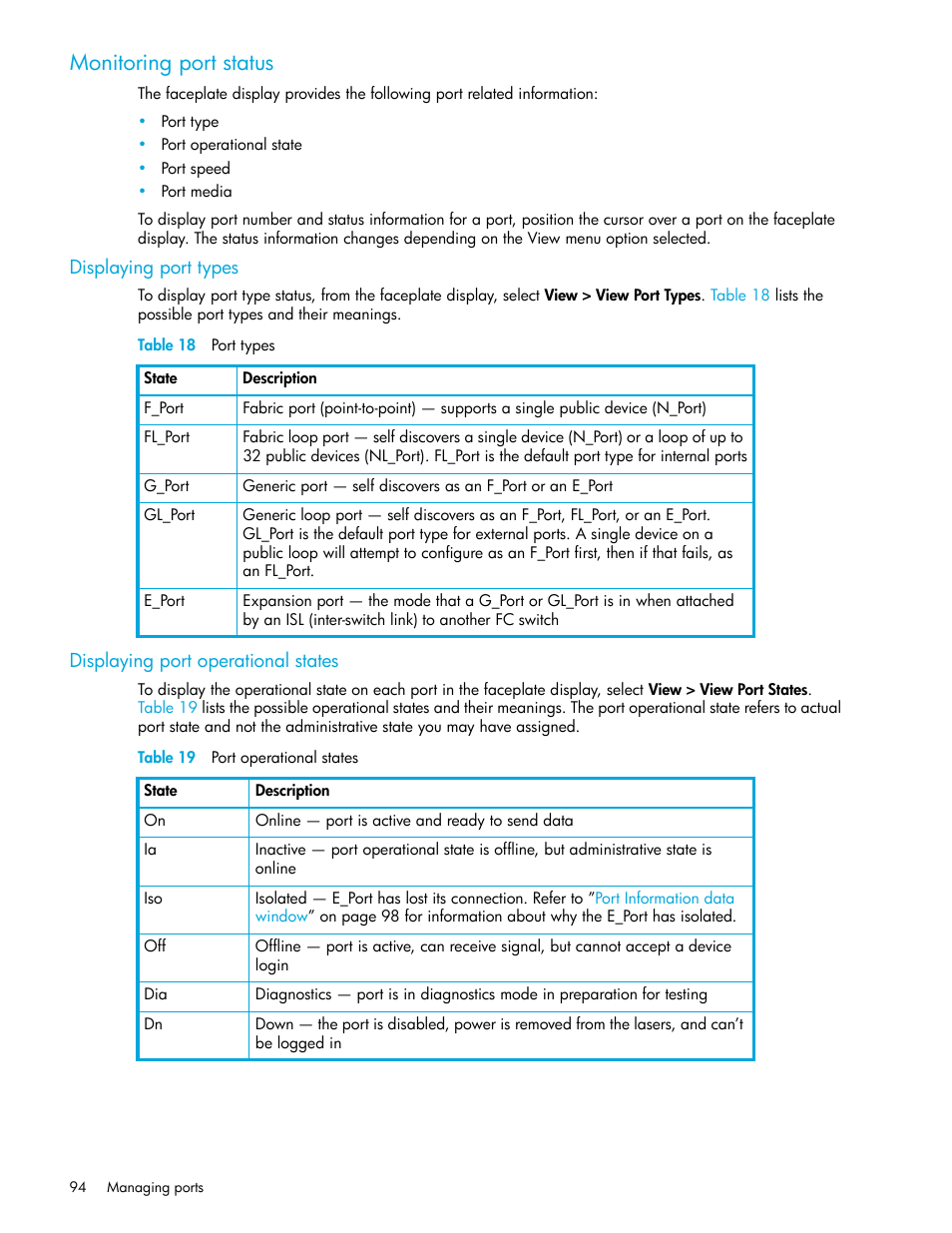 Monitoring port status, Displaying port types, Table 18 port types | Displaying port operational states, Table 19 port operational states, 18 port types, 19 port operational states | HP McDATA 4Gb SAN Switch for HP BladeSystem p-Class User Manual | Page 94 / 226