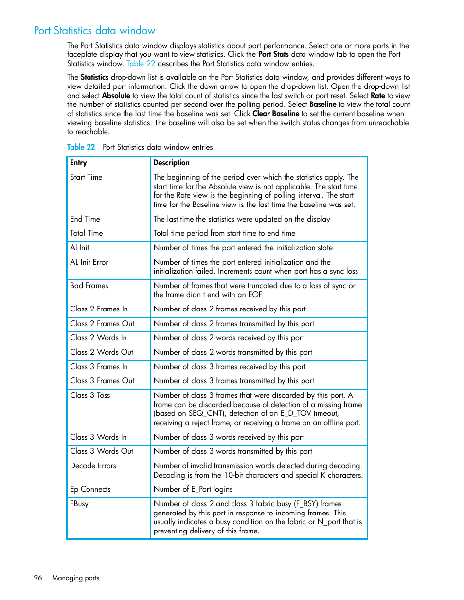 Port statistics data window, Table 22 port statistics data window entries, 22 port statistics data window entries | Port statistics, Data window | HP McDATA 4Gb SAN Switch for HP BladeSystem p-Class User Manual | Page 96 / 226