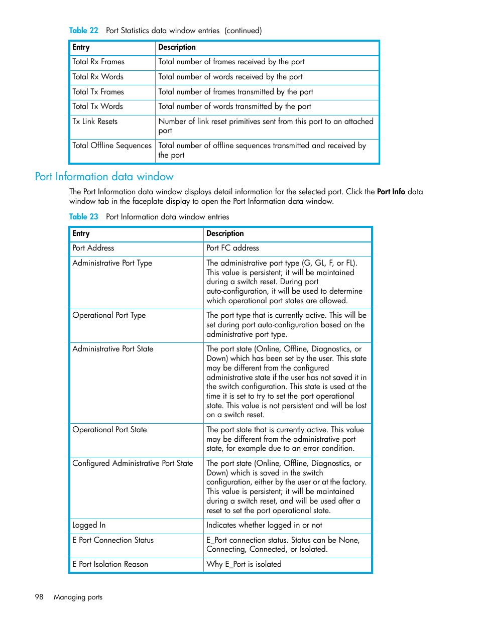 Port information data window, Table 23 port information data window entries, 23 port information data window entries | Port information, Data window, Port information data, Window | HP McDATA 4Gb SAN Switch for HP BladeSystem p-Class User Manual | Page 98 / 226