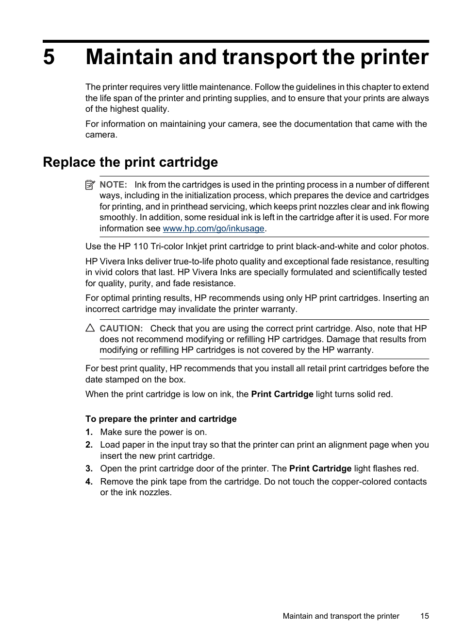 Maintain and transport the printer, Replace the print cartridge, 5 maintain and transport the printer | Replace the, 5maintain and transport the printer | HP Photosmart A320 Compact Photo Printer User Manual | Page 17 / 54
