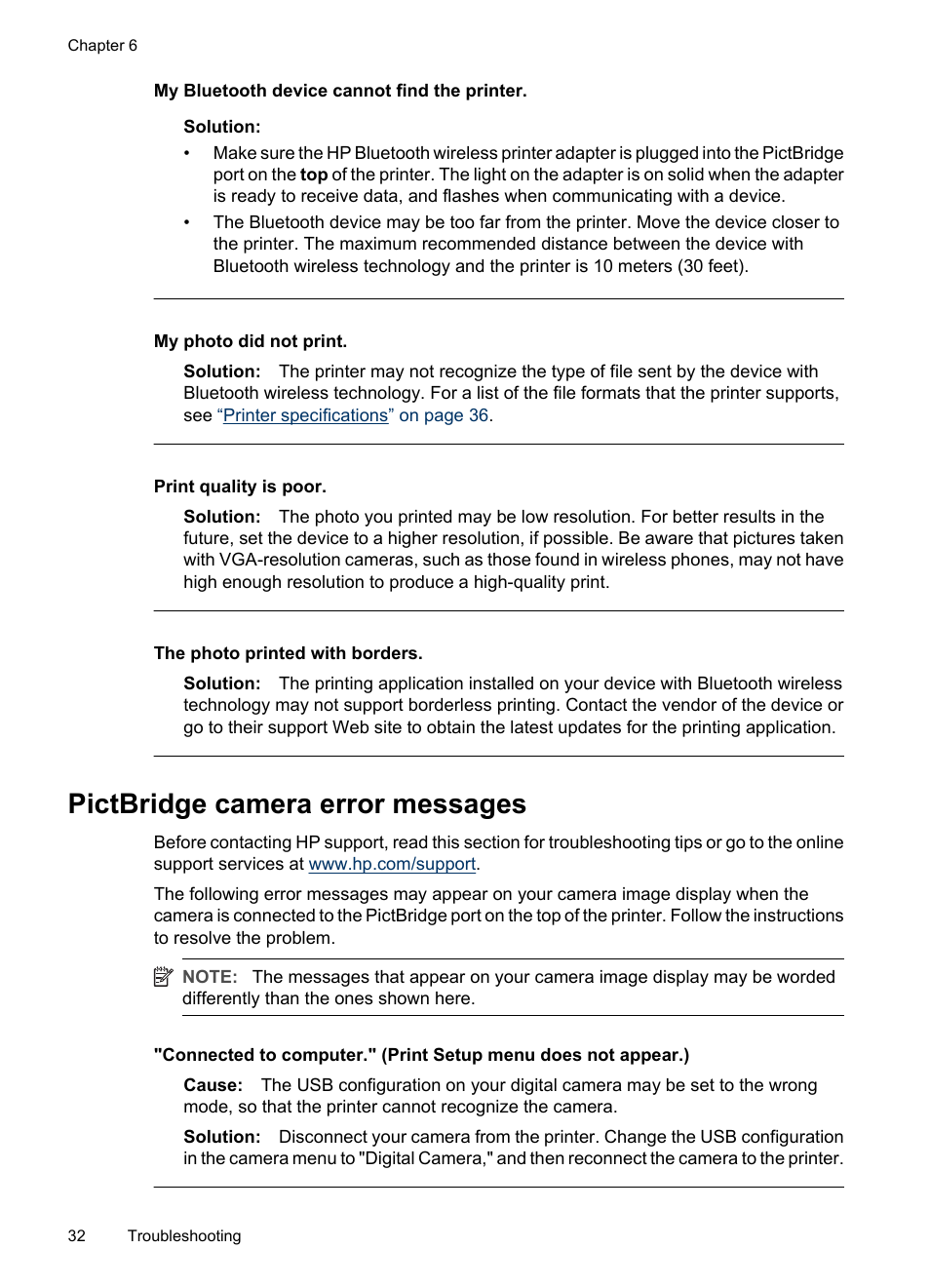 Pictbridge camera error messages | HP Photosmart A320 Compact Photo Printer User Manual | Page 34 / 54