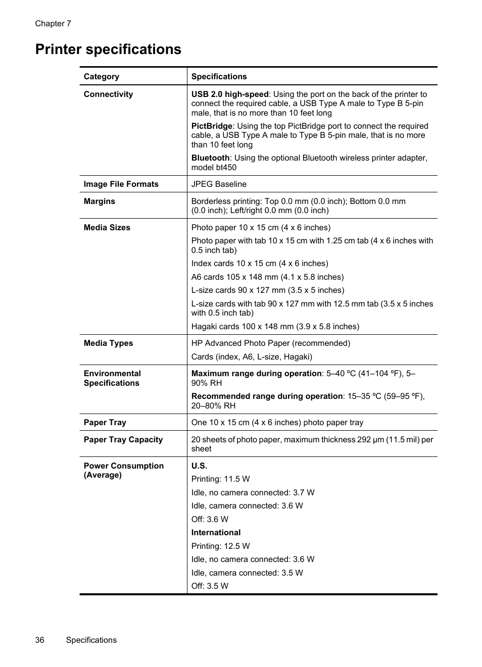 Printer specifications | HP Photosmart A320 Compact Photo Printer User Manual | Page 38 / 54
