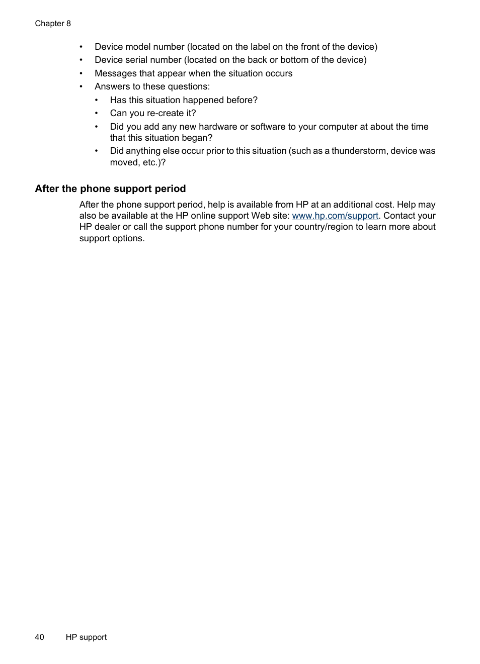 After the phone support period | HP Photosmart A320 Compact Photo Printer User Manual | Page 42 / 54