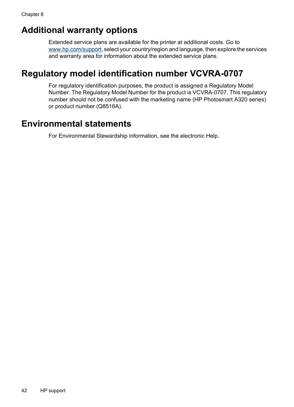 Additional warranty options, Regulatory model identification number vcvra-0707, Environmental statements | HP Photosmart A320 Compact Photo Printer User Manual | Page 44 / 54