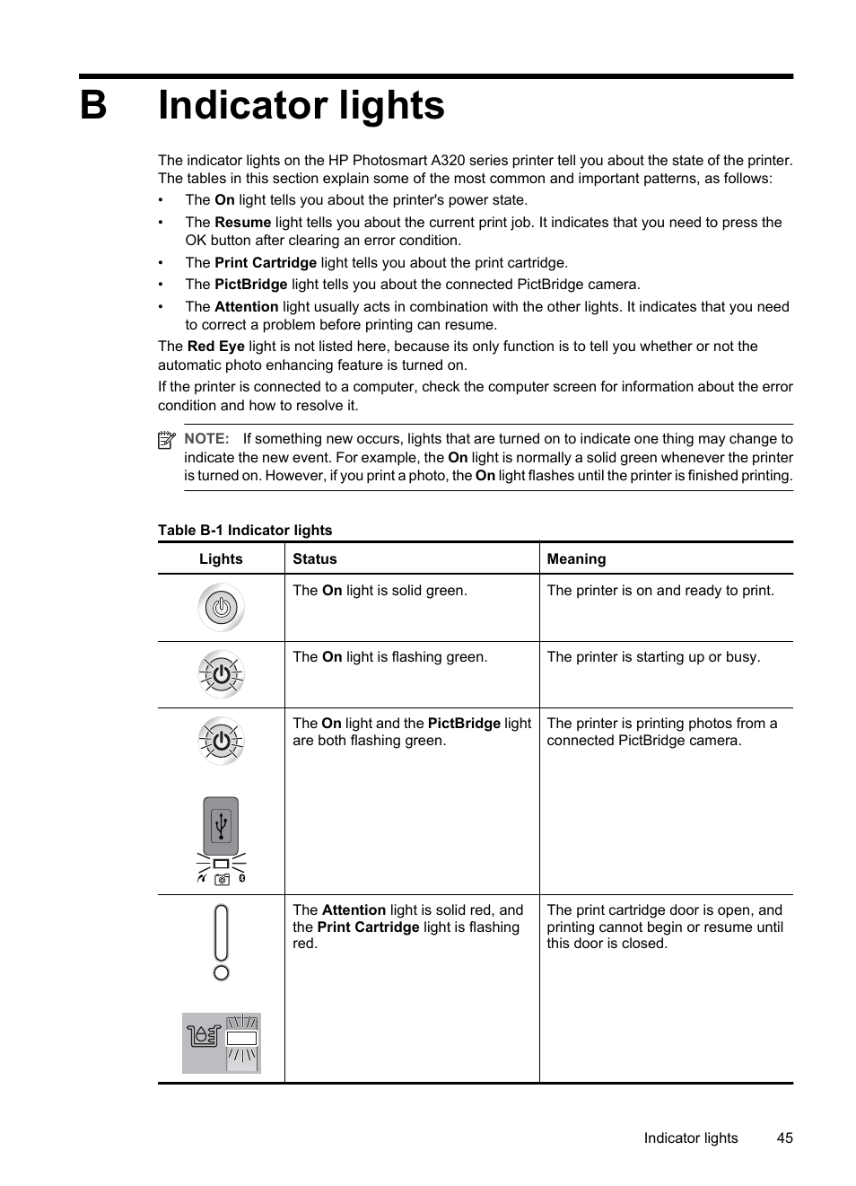 Indicator lights, B indicator lights, Indicator | Bindicator lights | HP Photosmart A320 Compact Photo Printer User Manual | Page 47 / 54