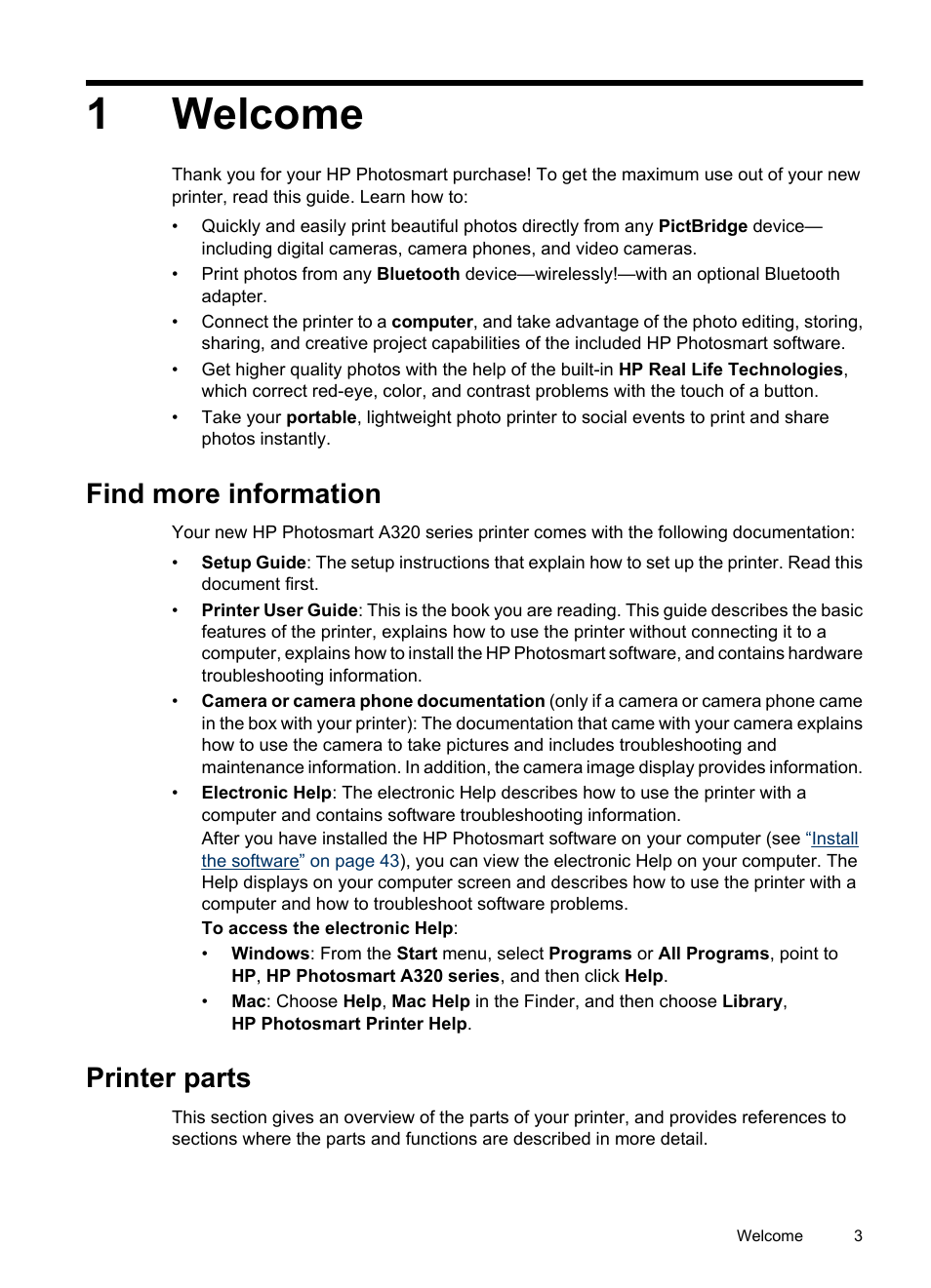 Welcome, Find more information, Printer parts | 1 welcome, Find more information printer parts, 1welcome | HP Photosmart A320 Compact Photo Printer User Manual | Page 5 / 54