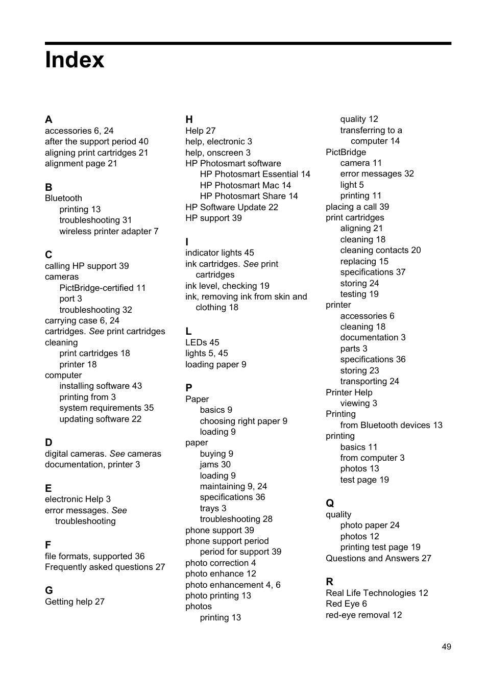 Index | HP Photosmart A320 Compact Photo Printer User Manual | Page 51 / 54