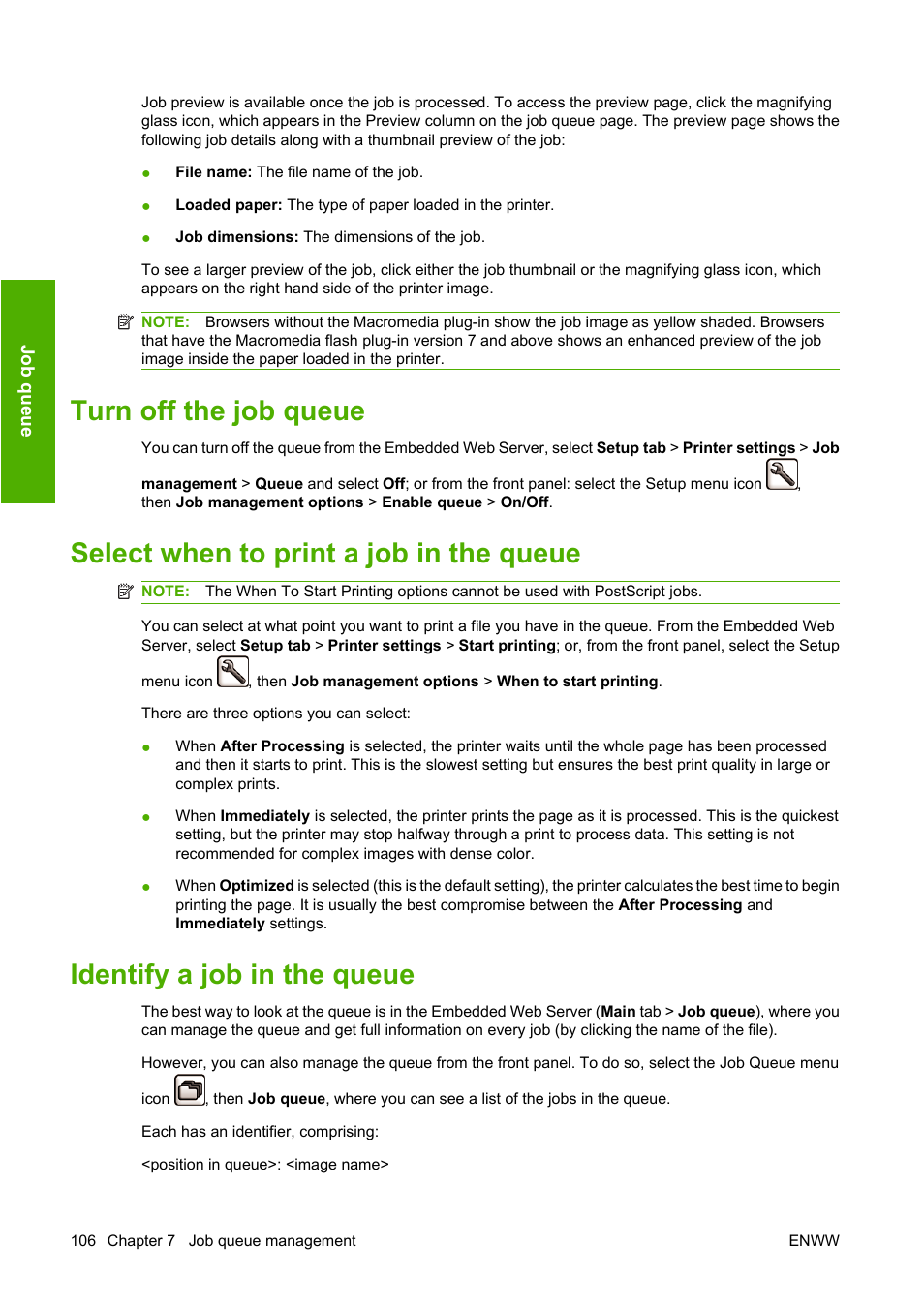 Turn off the job queue, Select when to print a job in the queue, Identify a job in the queue | HP Designjet Z3200 PostScript Photo Printer series User Manual | Page 116 / 205