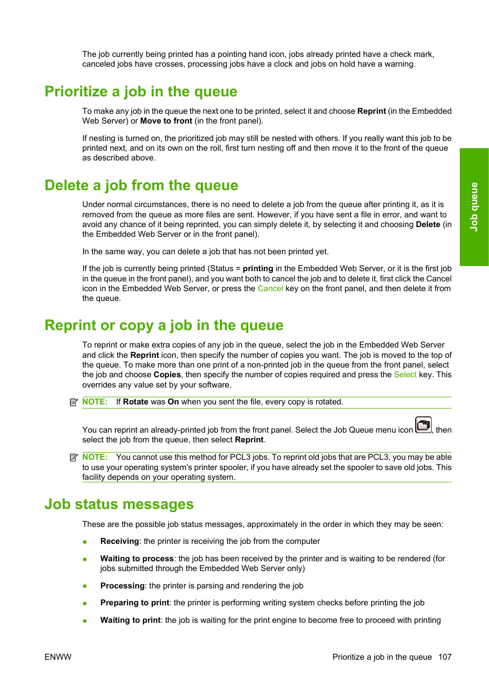 Prioritize a job in the queue, Delete a job from the queue, Reprint or copy a job in the queue | Job status messages | HP Designjet Z3200 PostScript Photo Printer series User Manual | Page 117 / 205