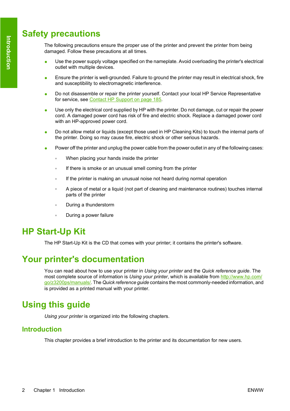 Safety precautions, Hp start-up kit, Your printer's documentation | Using this guide, Introduction | HP Designjet Z3200 PostScript Photo Printer series User Manual | Page 12 / 205