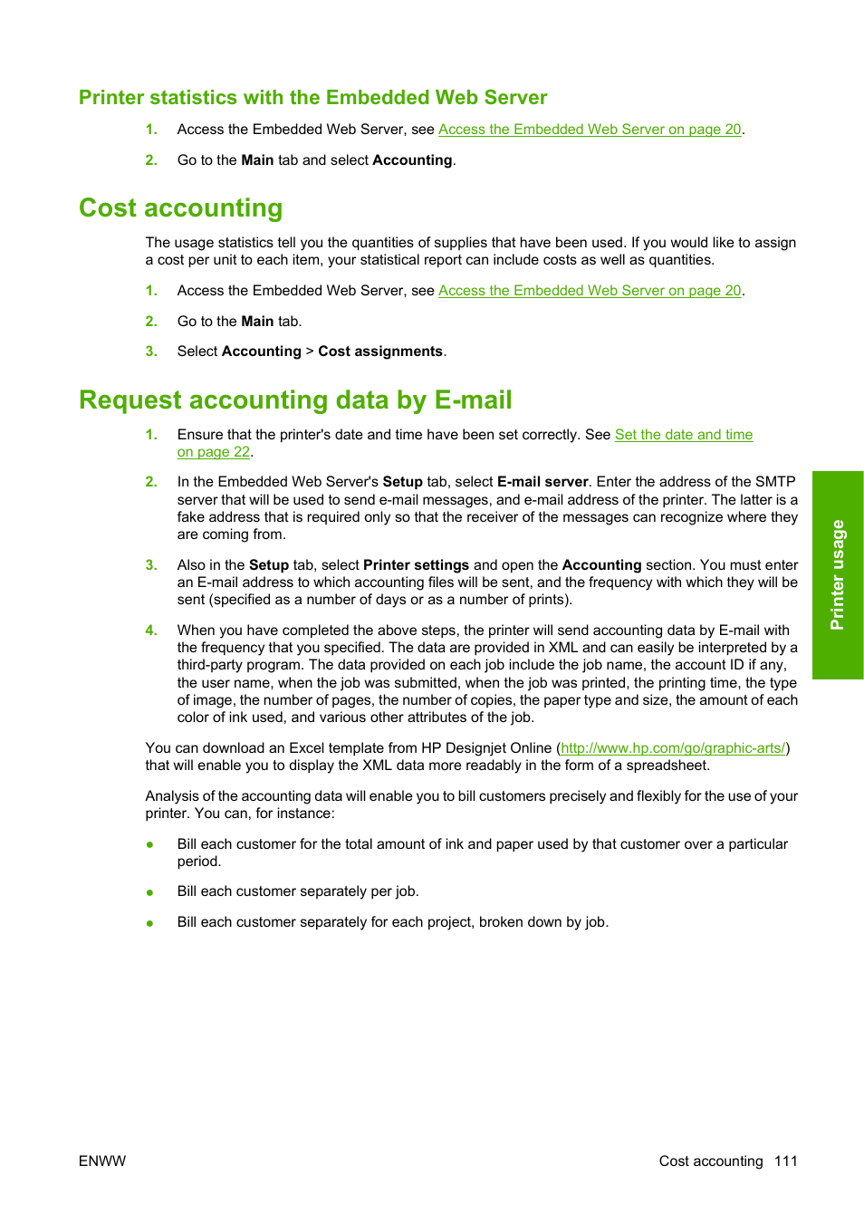 Printer statistics with the embedded web server, Cost accounting, Request accounting data by e-mail | Cost accounting request accounting data by e-mail, Request accounting data | HP Designjet Z3200 PostScript Photo Printer series User Manual | Page 121 / 205