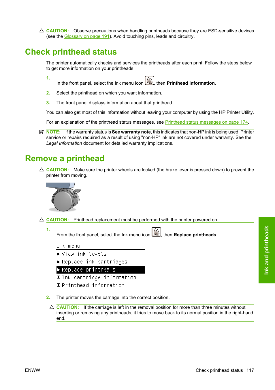 Check printhead status, Remove a printhead, Check printhead status remove a printhead | HP Designjet Z3200 PostScript Photo Printer series User Manual | Page 127 / 205