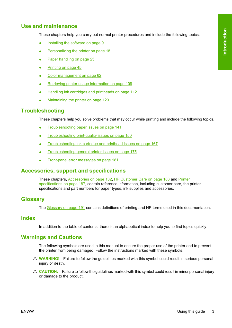 Use and maintenance, Troubleshooting, Accessories, support and specifications | Glossary, Index, Warnings and cautions | HP Designjet Z3200 PostScript Photo Printer series User Manual | Page 13 / 205