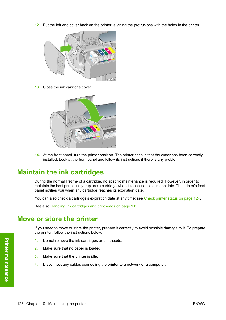 Maintain the ink cartridges, Move or store the printer | HP Designjet Z3200 PostScript Photo Printer series User Manual | Page 138 / 205