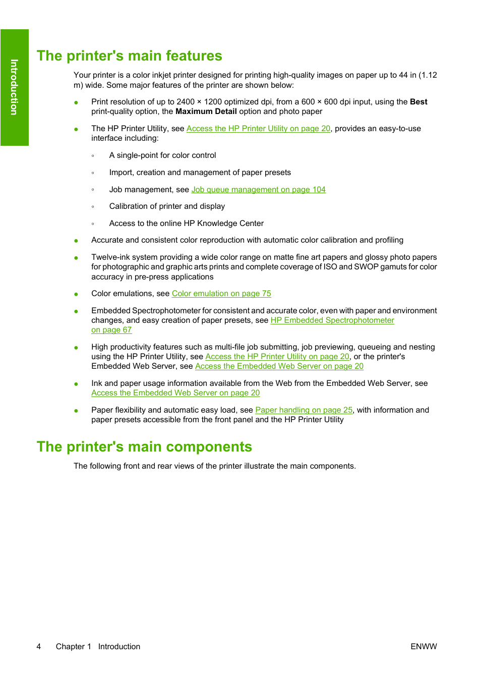 The printer's main features, The printer's main components | HP Designjet Z3200 PostScript Photo Printer series User Manual | Page 14 / 205