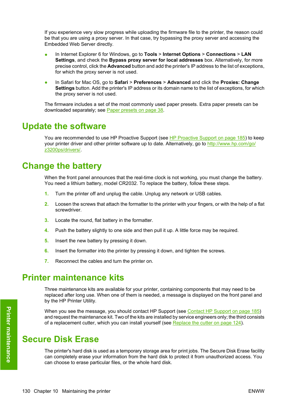 Update the software, Change the battery, Printer maintenance kits | Secure disk erase | HP Designjet Z3200 PostScript Photo Printer series User Manual | Page 140 / 205