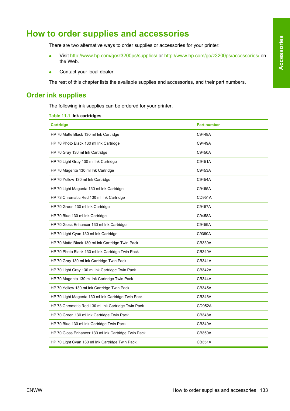 How to order supplies and accessories, Order ink supplies, Ac ce ss o ri e s | HP Designjet Z3200 PostScript Photo Printer series User Manual | Page 143 / 205